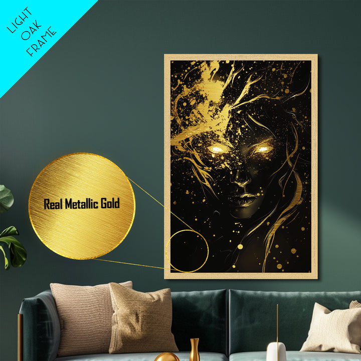 Glowing Eyes Metallic Gold Art, Spooky Season Witchy Horror Portrait, Gothic Metal Art in Real Wood Frame
