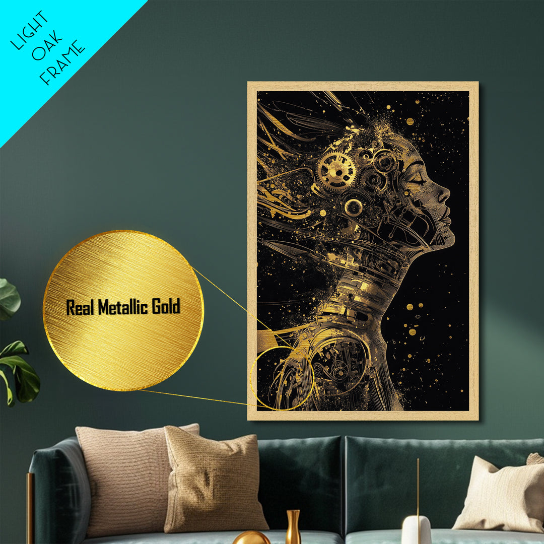 Metallic Gold Art Cyberpunk Automaton Portrait | Gothic Halloween Metal Art Wall Decor | Framed in Real Natural Wood