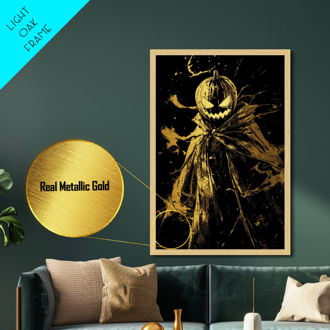 Spooky Pumpkin Head Scarecrow Metallic Gold Art | Creepy Halloween Metal Art Print | Haunted Wall Hanging with Wood Frame