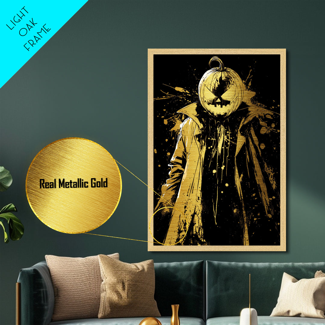Metallic Gold Art Jack O Lantern Villain | Horror Halloween Metal Art Home Wall Decor | Real Wood Frame Gothic Display