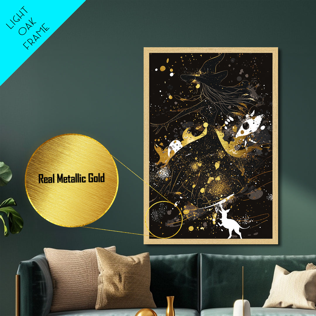 Witchy Woman Metallic Gold Art Silhouette | Spooky Season Halloween Metal Art Print | Natural Wood Framed Wall Hanging