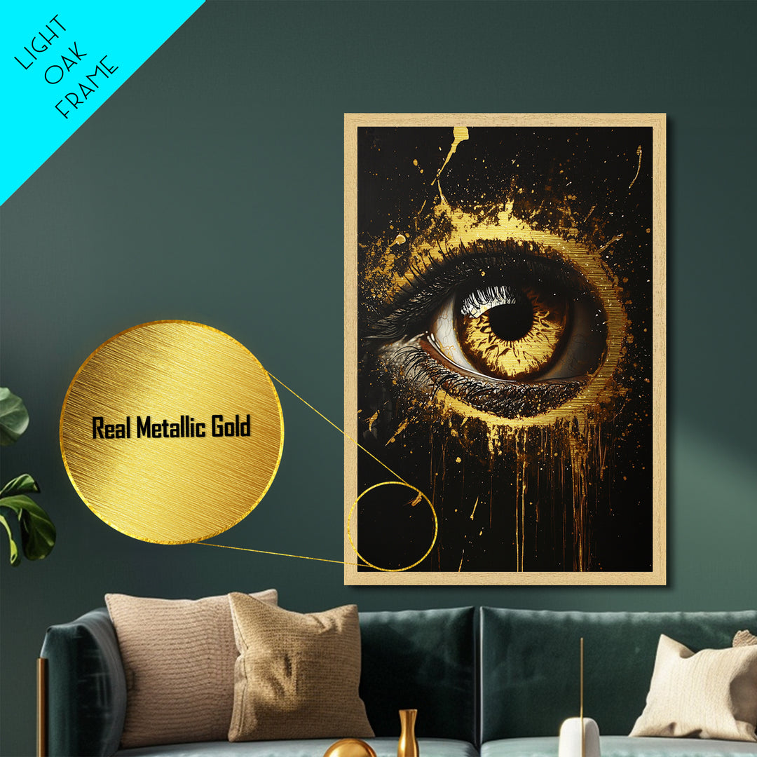 Haunted Eye Metallic Gold Art | Horror Gothic Halloween Metal Art Print | Creepy Spooky Season Wall Art in Real Wood Frame