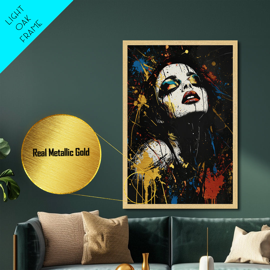 Metallic Gold Art Gothic Clown Woman | Spooky Halloween Metal Art Portrait | Creepy Horror Wall Art Framed in Real Wood