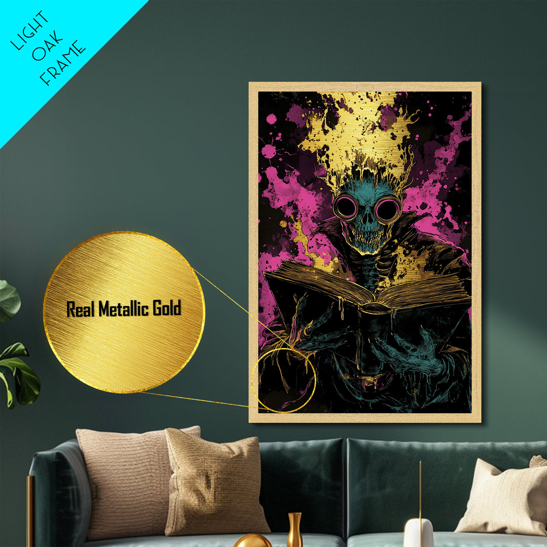 Haunted Skull Reader Metallic Gold Art | Horror Gothic Halloween Metal Art Print | Creepy Spooky Wall Decor with Wood Frame
