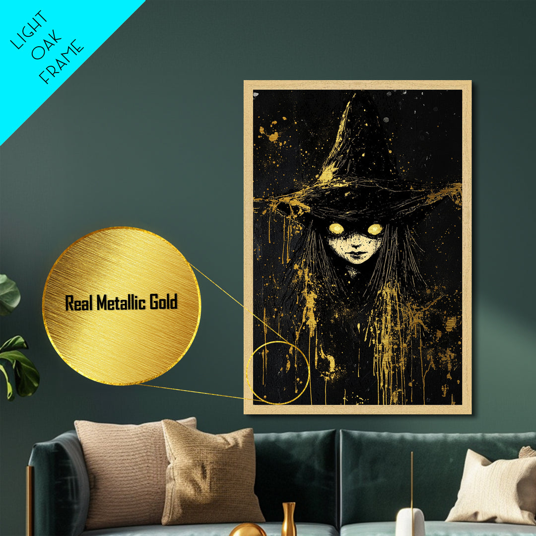 Glowing Eyes Witch Metallic Gold Art | Spooky Halloween Wall Art | Metal Art Splatter Design with Real Wood Frame
