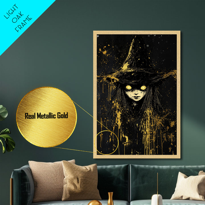 Glowing Eyes Witch Metallic Gold Art | Spooky Halloween Wall Art | Metal Art Splatter Design with Real Wood Frame