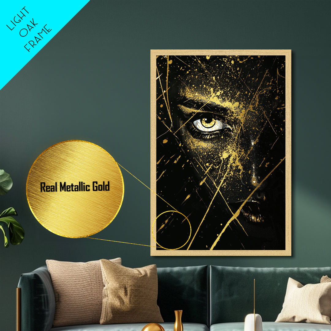 Mystical Gaze Metallic Gold Art | Gothic Halloween Metal Art Portrait | Witchy Spooky Season Wall Art Framed in Real Wood