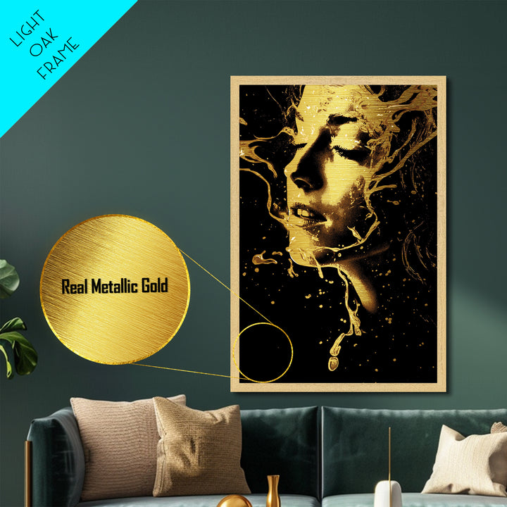 Witchy Woman Portrait Metal Art, Metallic Gold Art in Natural Wood Frame, Creepy Halloween Wall Hanging Gothic Décor
