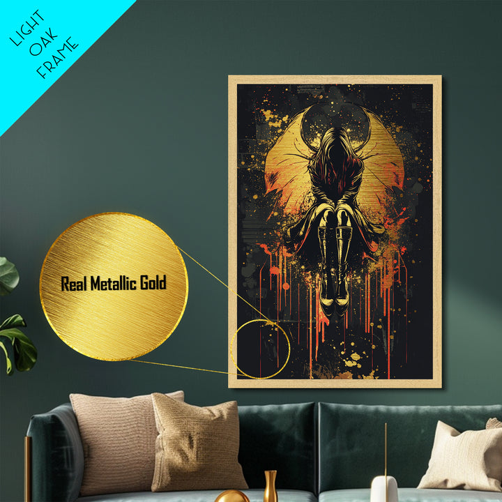 Dark Angel With Fiery Wings, Gothic Metal Art Print, Metallic Gold Art For Spooky Season Framed In Solid Wood