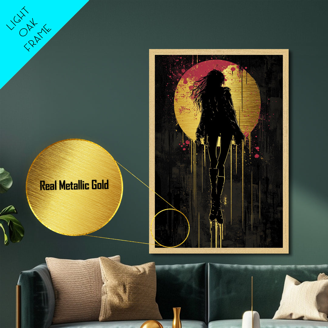 Moonlit Shadow Gothic Wall Art, Metallic Gold Art Halloween Print, Spooky Metal Art Framed With Handcrafted Real Wood