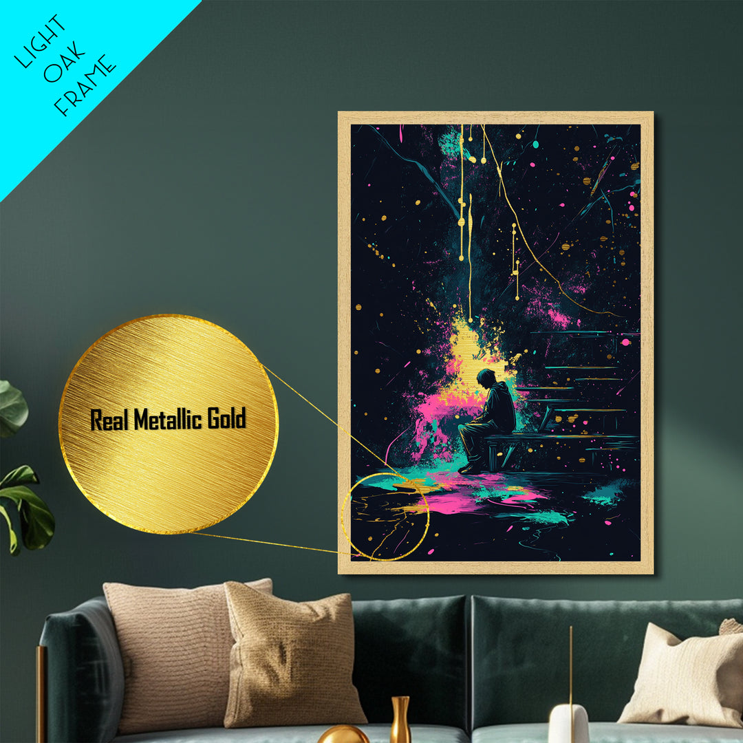 Lonely Figure On Bench, Cosmic Splatter Halloween Metallic Gold Art, Gothic Metal Art With Framing In Real Wood