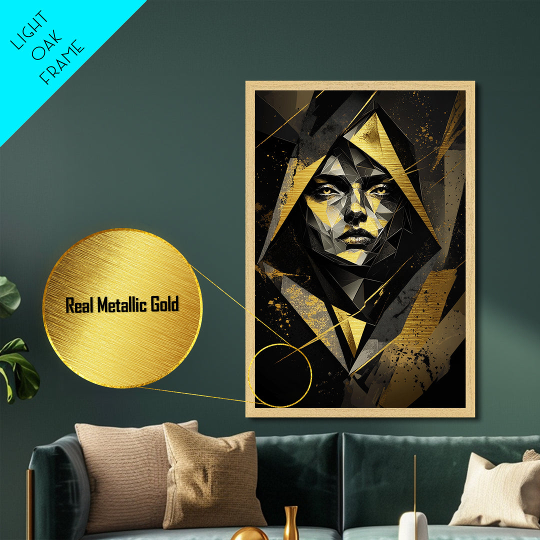 Geometric Gothic Portrait, Halloween Inspired Metallic Gold Art, Unique Metal Art Print In A Handcrafted Wooden Frame