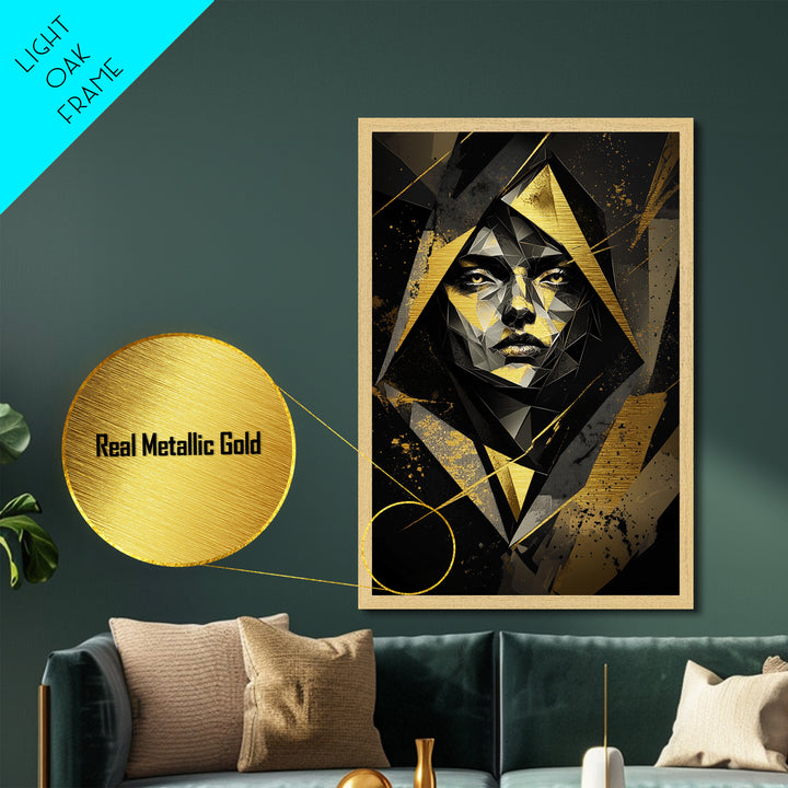 Geometric Gothic Portrait, Halloween Inspired Metallic Gold Art, Unique Metal Art Print In A Handcrafted Wooden Frame