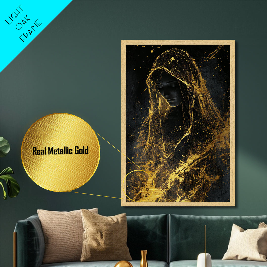 Golden Veil Haunted Figure, Metallic Gold Art Gothic Metal Art For Spooky Halloween Wall Décor, Framed In Real Wood