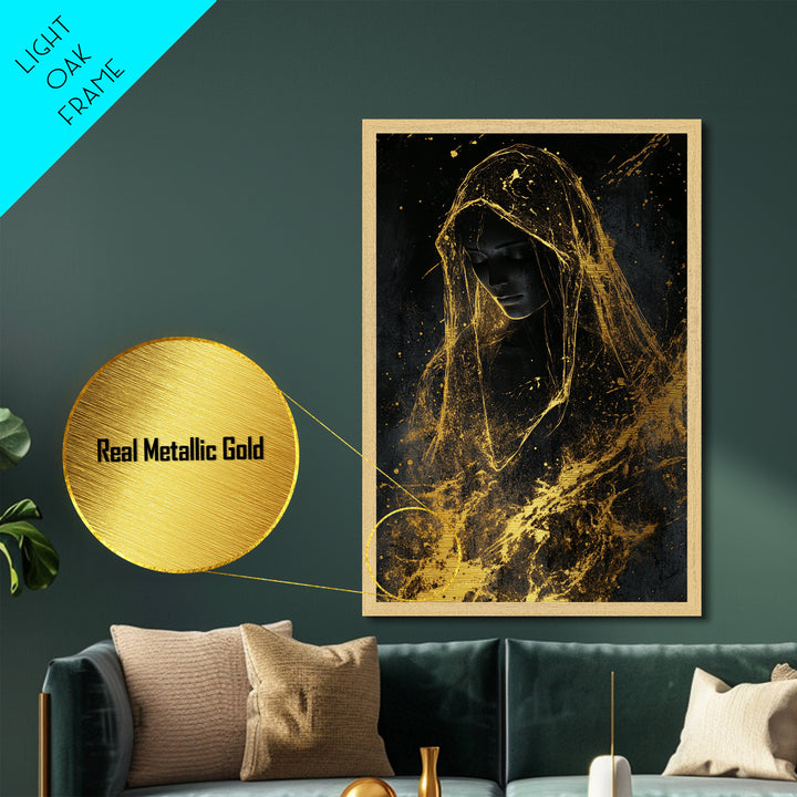 Golden Veil Haunted Figure, Metallic Gold Art Gothic Metal Art For Spooky Halloween Wall Décor, Framed In Real Wood