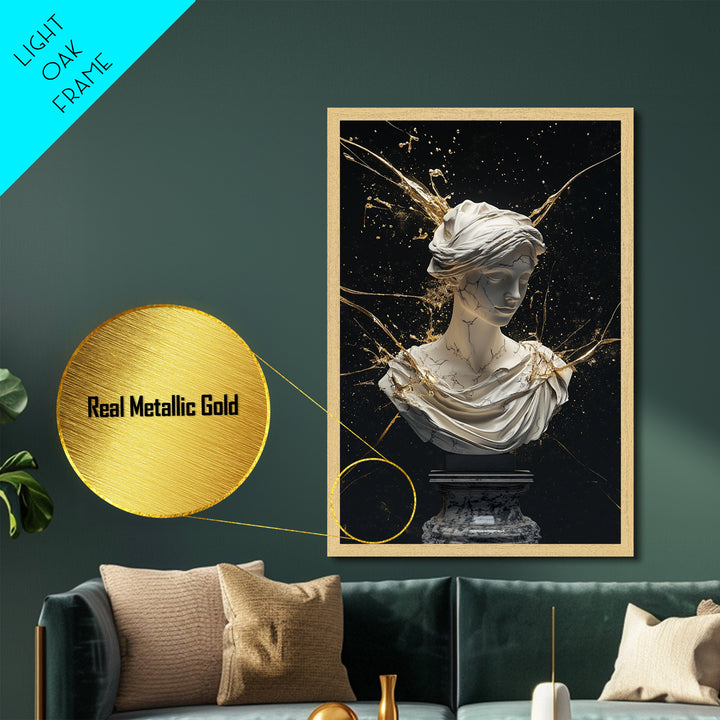 Classical Marble Witch Goddess Bust – Metallic Gold Art, Halloween Metal Art Print in Real Wood Frame, Elegant Spooky Decor