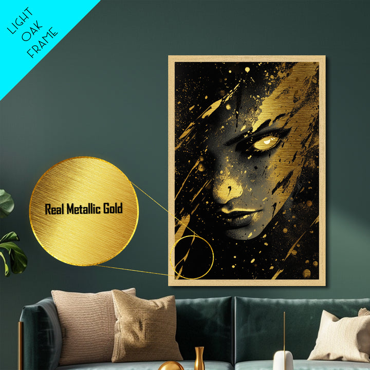 Haunted Face Metallic Gold Art | Spooky Halloween Witch Portrait Wall Decor | Metal Art in Real Wood Frame