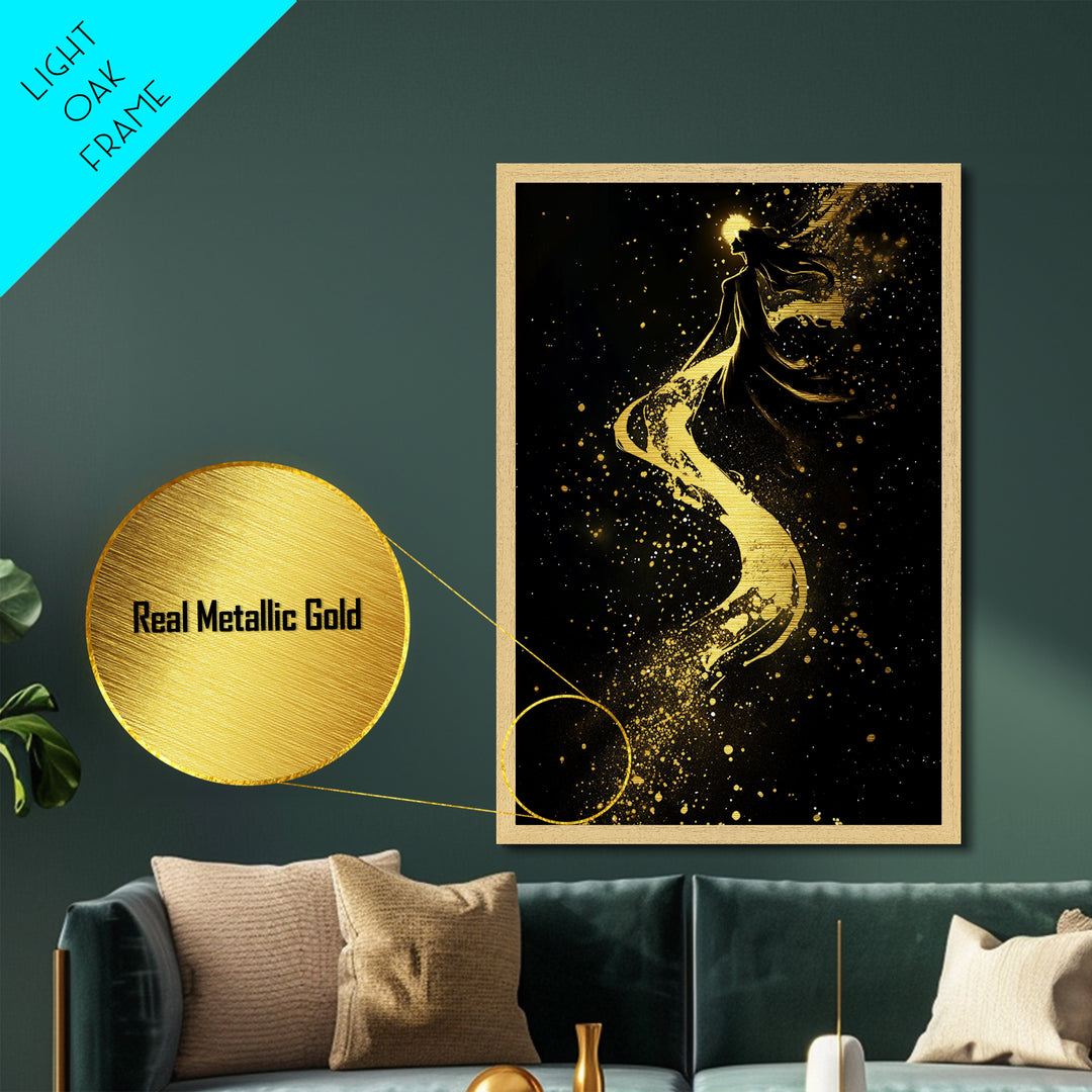 Celestial Witch Ascending, Halloween Metallic Gold Art, Spooky Gothic Metal Art Framed In Elegant Handcrafted Wooden Frame