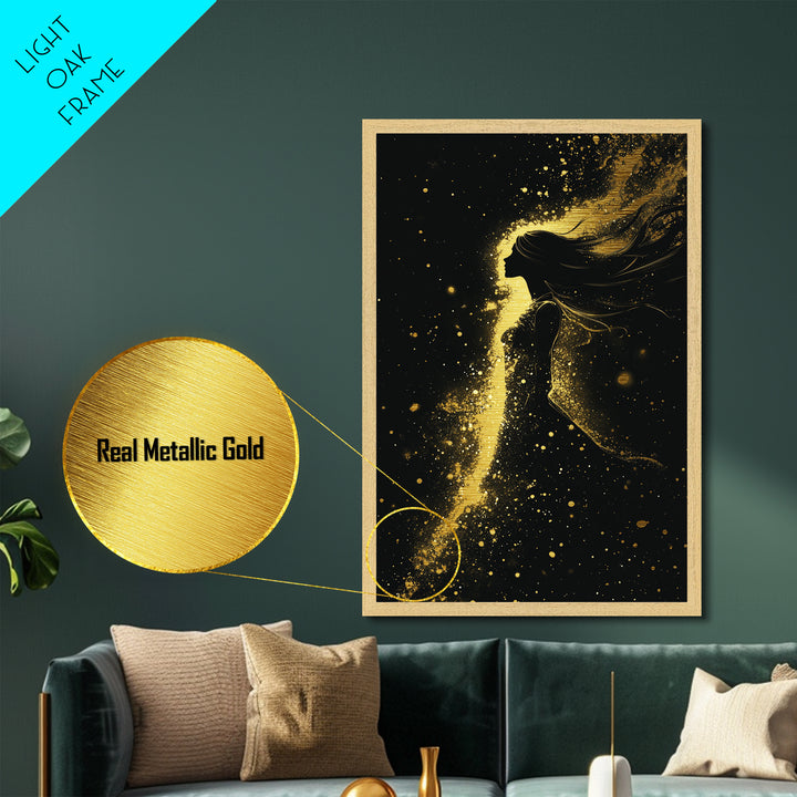 Gothic Witchy Woman Metallic Gold Art Metal Art Halloween Wall Decor Framed In Natural Wood Spooky Season Haunted Painting