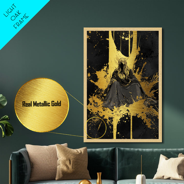 Dark Occult Throne Metallic Gold Art Metal Art Halloween Gothic Horror Wall Art Framed In Real Wood Spooky Season Decor