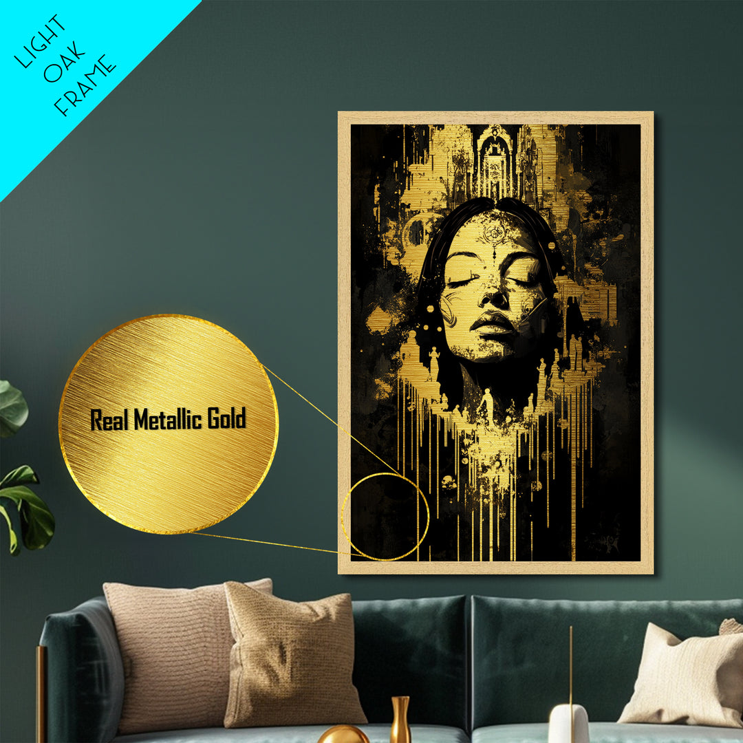 Mystic Dreamer Metallic Gold Art Metal Art Halloween Wall Art Witchy Haunted Gothic Portrait Framed In Real Wood Frame