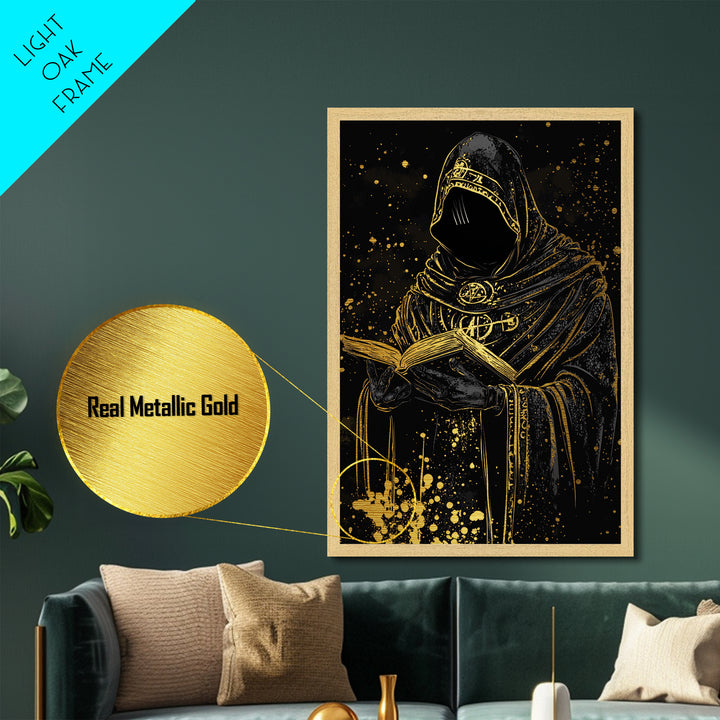 Creepy Occult Priest Metallic Gold Art Metal Art Halloween Gothic Horror Wall Hanging With Natural Wood Frame Spooky Decor