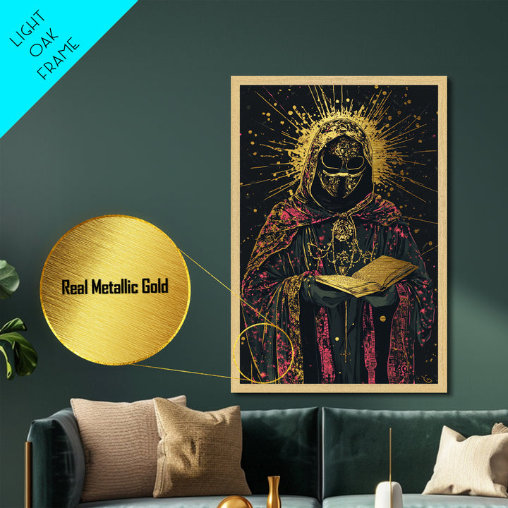 Halloween Gothic Saint Metallic Gold Art Metal Art Spooky Occult Wall Art Framed In Real Wood Haunted Witchy Season Painting