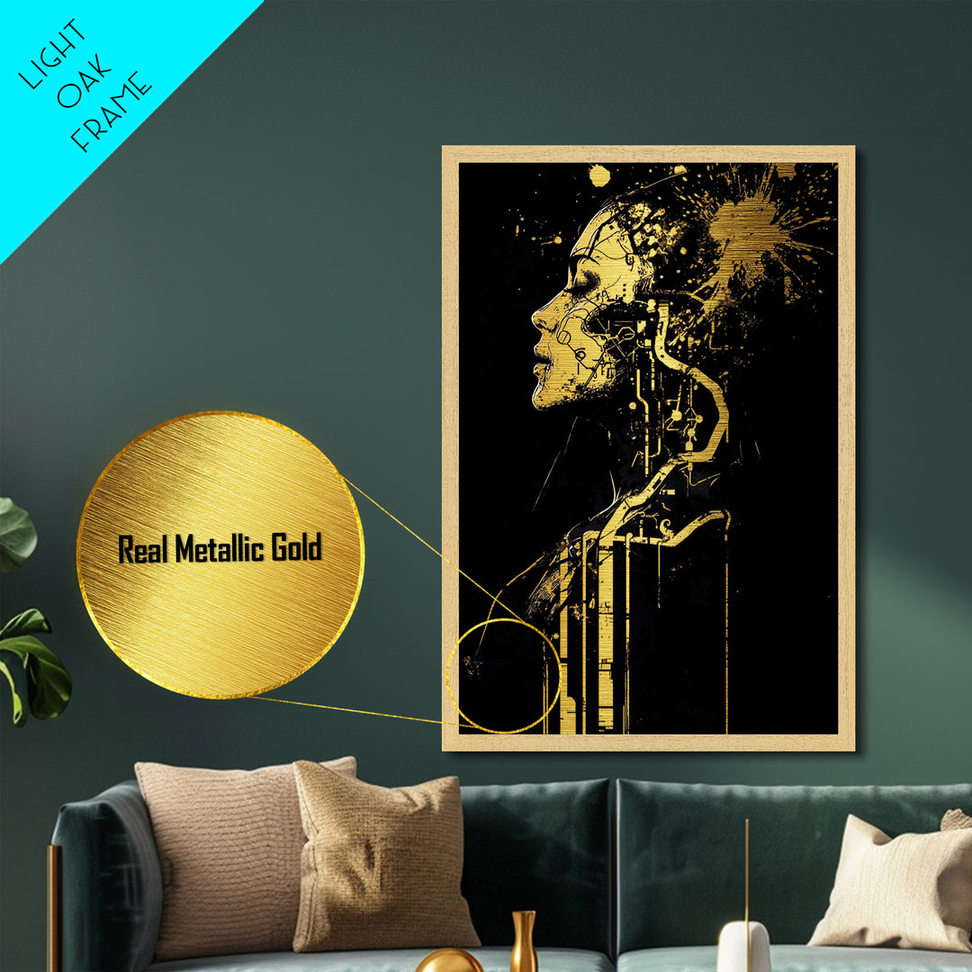 Cyberpunk Witch Metallic Gold Art Metal Art Gothic Halloween Portrait Spooky Futuristic Decor In Natural Wood Frame