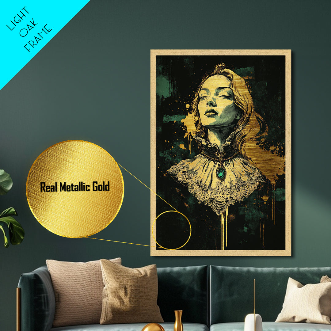 Gothic Victorian Woman Portrait Metallic Gold Art Metal Art Halloween Wall Decor Spooky Dark Academia Style in Real Wood Frame