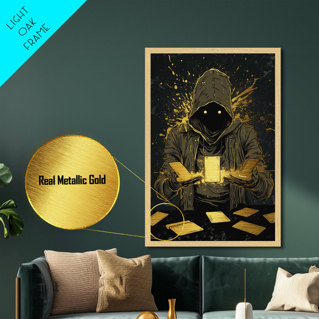 Spooky Tarot Magician Metallic Gold Art Metal Art Halloween Gothic Wall Hanging In Natural Wood Frame Haunted Witchy Decor