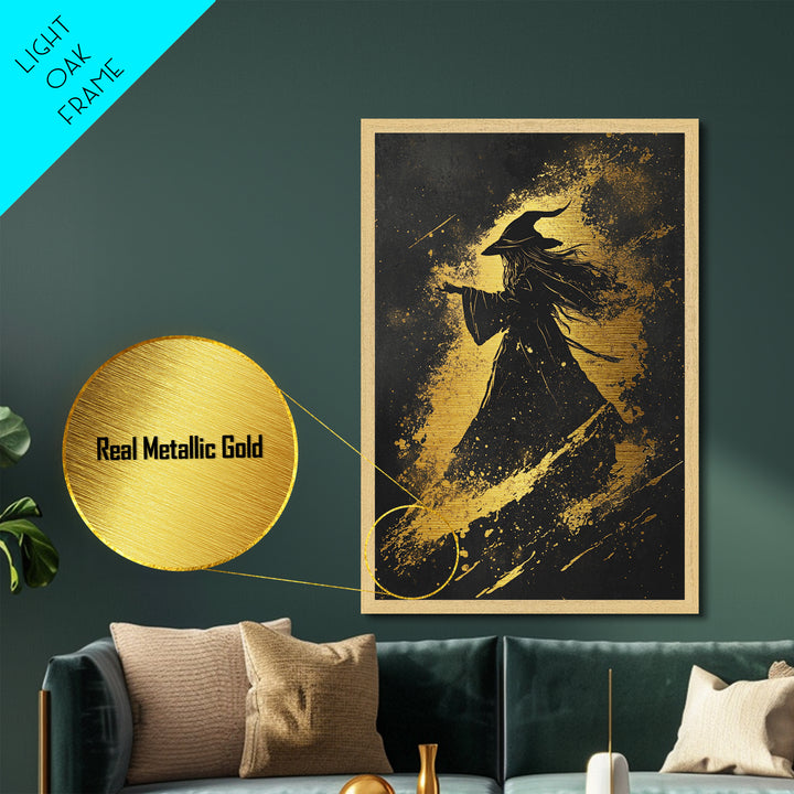 Witch Silhouette Metallic Gold Art Metal Art | Gothic Halloween Wall Decor Framed in Real Wood | Haunted Witchy Spooky Print