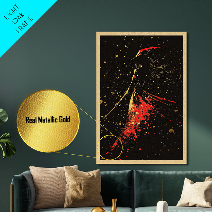 Red Cloaked Witch Metallic Gold Art Metal Art | Creepy Gothic Halloween Wall Decor | Spooky Sorceress Artwork with Wood Frame