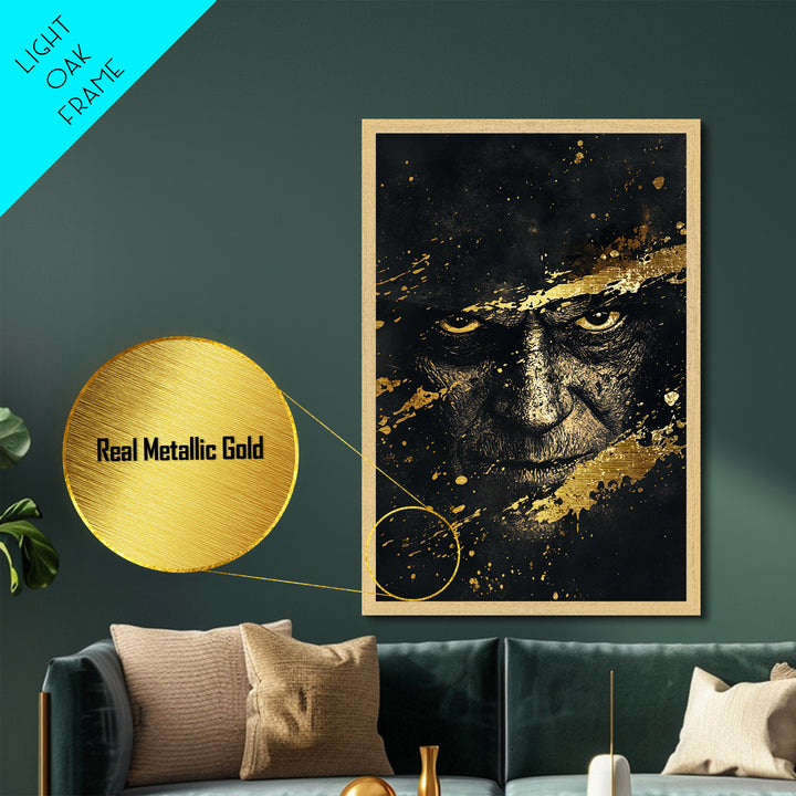 Dark Sorcerer Metallic Gold Art Metal Art | Haunted Gothic Portrait Halloween Wall Decor with Real Wood Frame | Spooky Print
