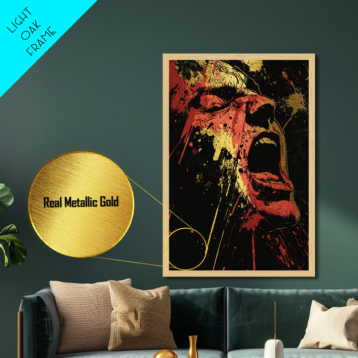 Screaming Horror Metallic Gold Art Metal Art | Gothic Haunted Halloween Wall Decor | Real Wood Frame Creepy Spooky Season Art