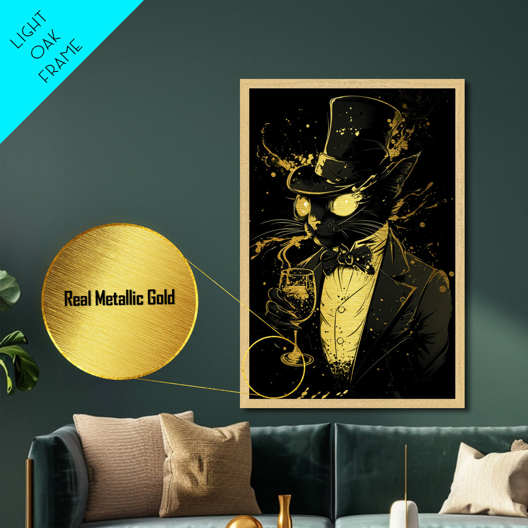 Black Cat in Top Hat Metallic Gold Art Metal Art | Spooky Season Halloween Decor | Framed in Real Wood Gothic Haunted Artwork