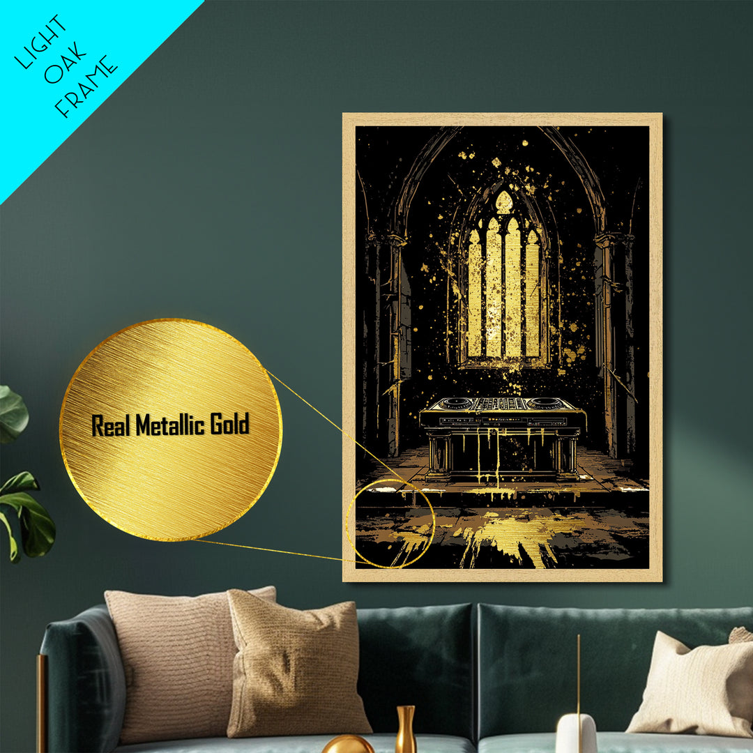 Haunted Cathedral DJ Booth Metallic Gold Art Metal Art Gothic Halloween Wall Decor Spooky Music Party Scene in Real Wood Frame