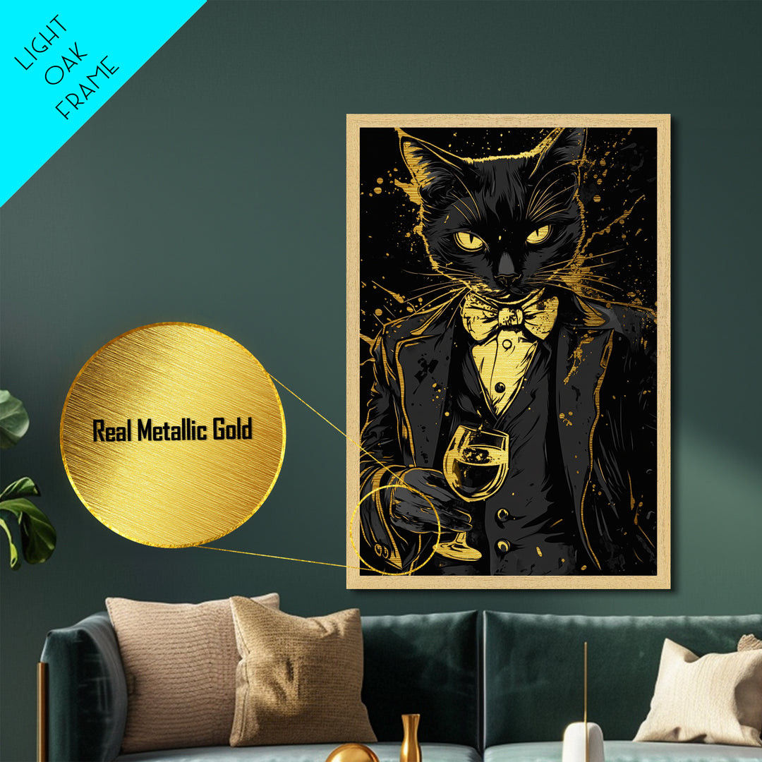 Dapper Cat Portrait Metallic Gold Art Metal Art | Creepy Halloween Gothic Wall Art with Real Wood Frame | Haunted Spooky Decor