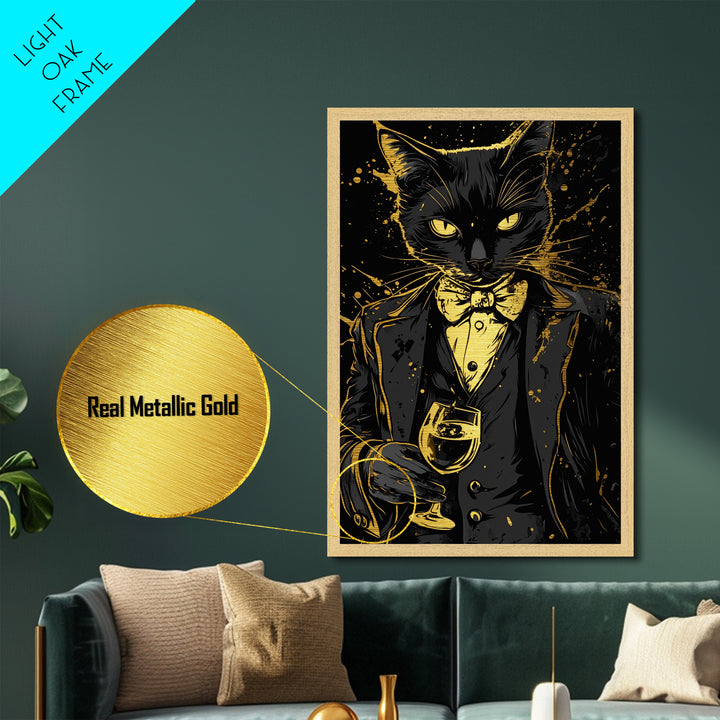Dapper Cat Portrait Metallic Gold Art Metal Art | Creepy Halloween Gothic Wall Art with Real Wood Frame | Haunted Spooky Decor