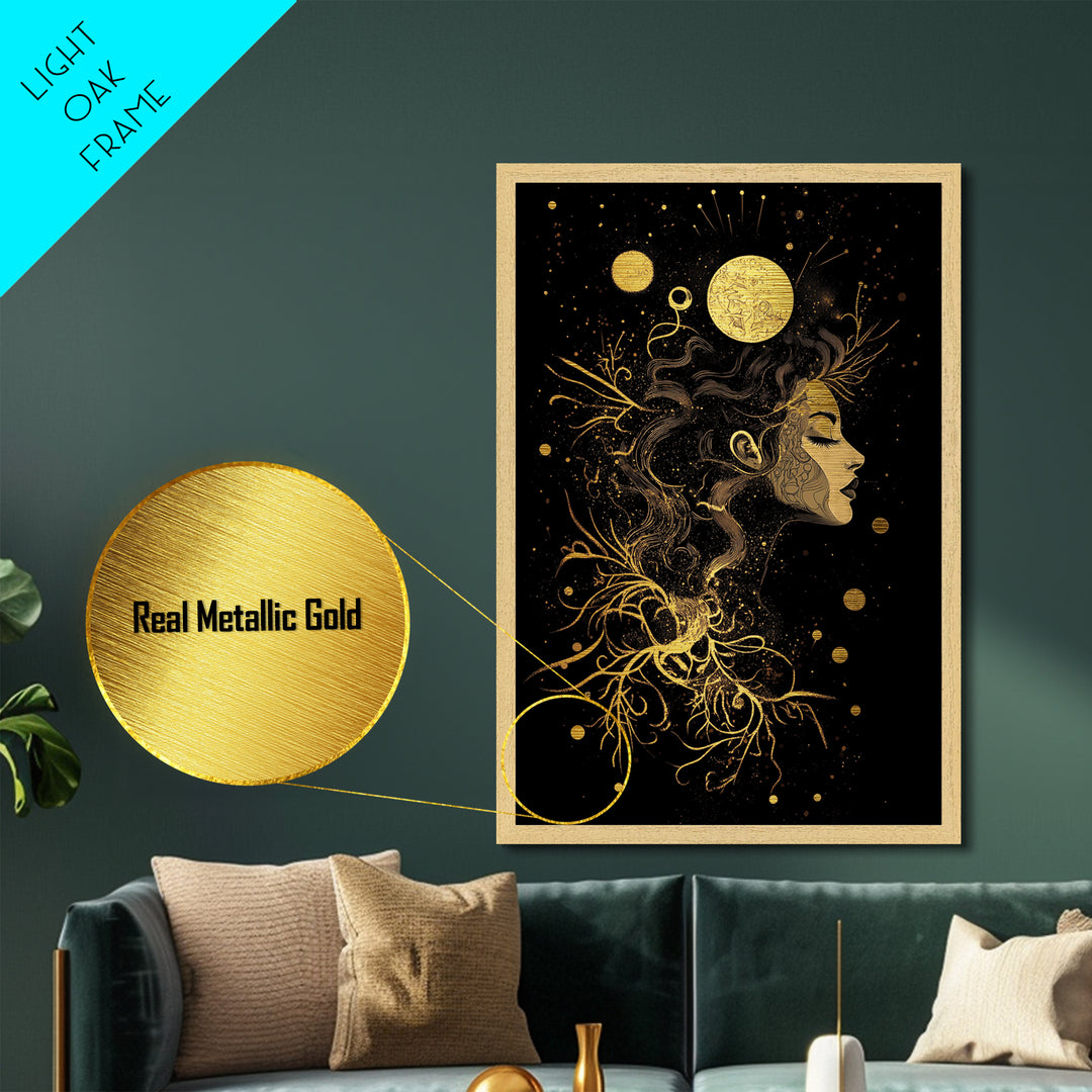 Haunted Moon Goddess Metallic Gold Art Metal Art In Gothic Style Framed In Real Wood For Spooky Halloween Wall Decor