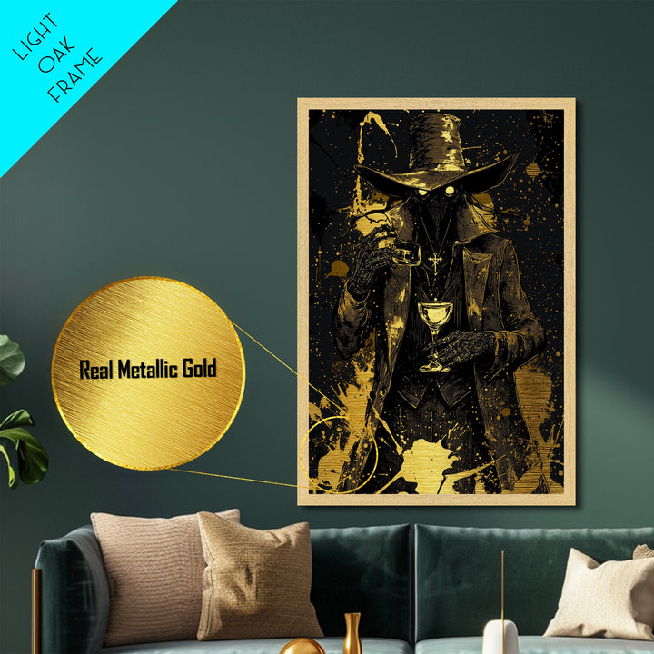 Witchy Plague Doctor Metallic Gold Art Metal Art Gothic Horror Halloween Print With Natural Wood Frame For Spooky Season