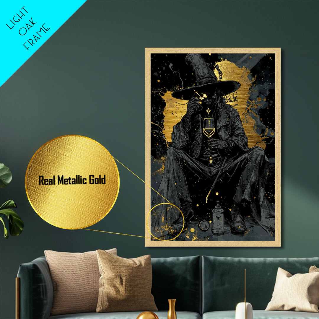 Creepy Gothic Sorcerer Metallic Gold Art Metal Art Spooky Halloween Wall Hanging In Real Wood Frame Witchcraft Inspired