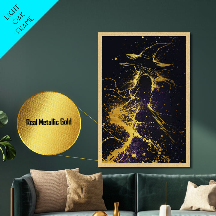 Mystical Witch Silhouette Metallic Gold Art Metal Art Spooky Season Halloween Decor With Framing In Natural Real Wood
