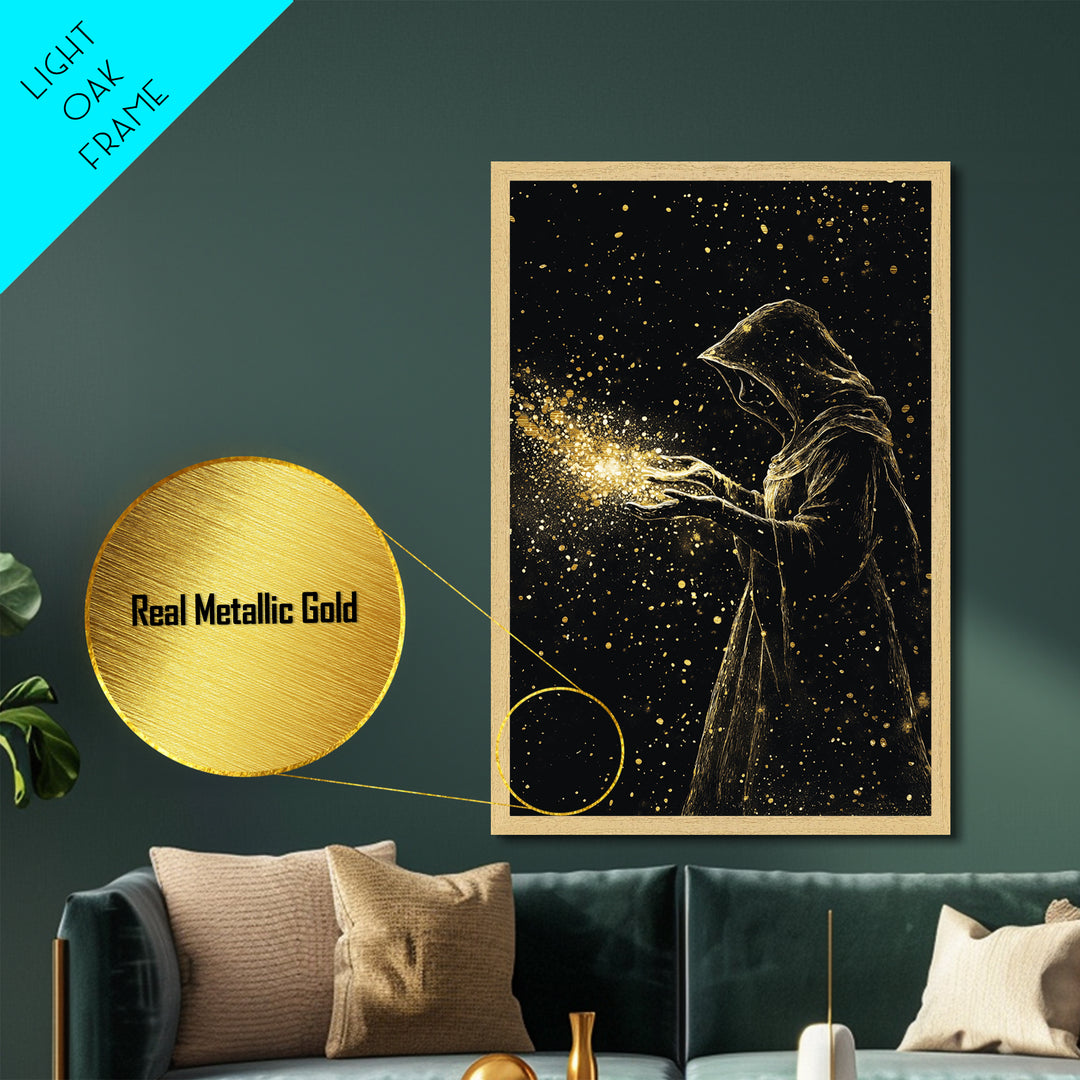 Enchanted Hooded Figure Metallic Gold Art Metal Art Halloween Spooky Wall Art Framed In Natural Wood For Gothic Home