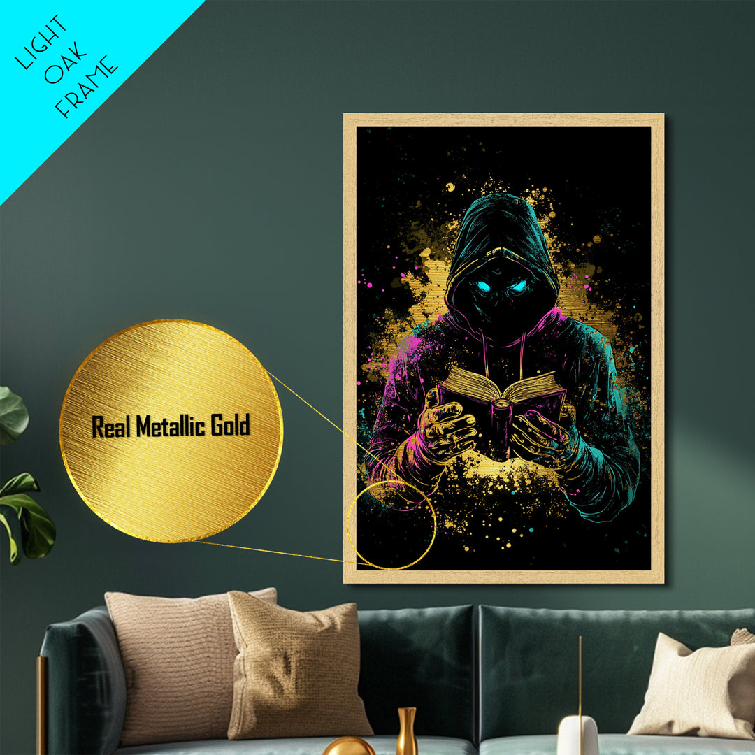 Occult Hooded Reader Metallic Gold Art Metal Art Spooky Season Halloween Print With Real Wood Frame Witchcraft Inspired