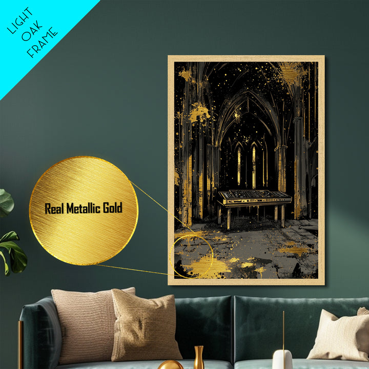 Spooky Gothic Church Metallic Gold Art Metal Art Halloween Wall Decor Haunted Cathedral Nightclub Vibe in Real Wood Frame