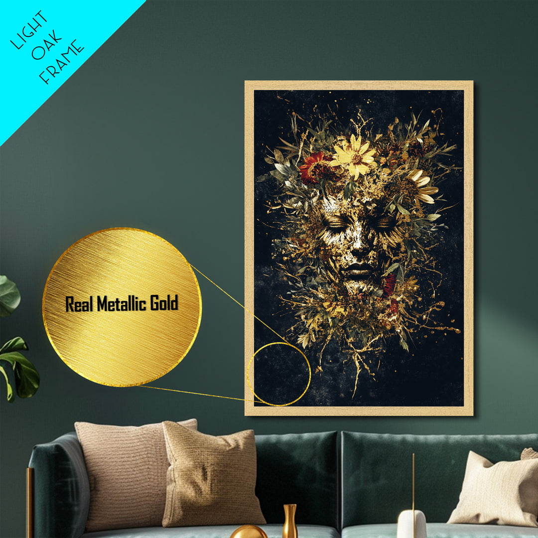 Floral Gothic Mask Metallic Gold Art Metal Art Creepy Halloween Portrait Print Framed In Real Wood For Spooky Home Decor