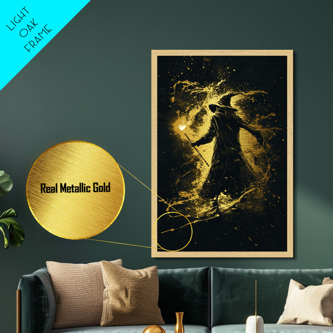 Gothic Wizard Metallic Gold Art Halloween Wall Decor, Spooky Metal Art With Torch Magic, Framed In Real Wood For Haunted Vibes