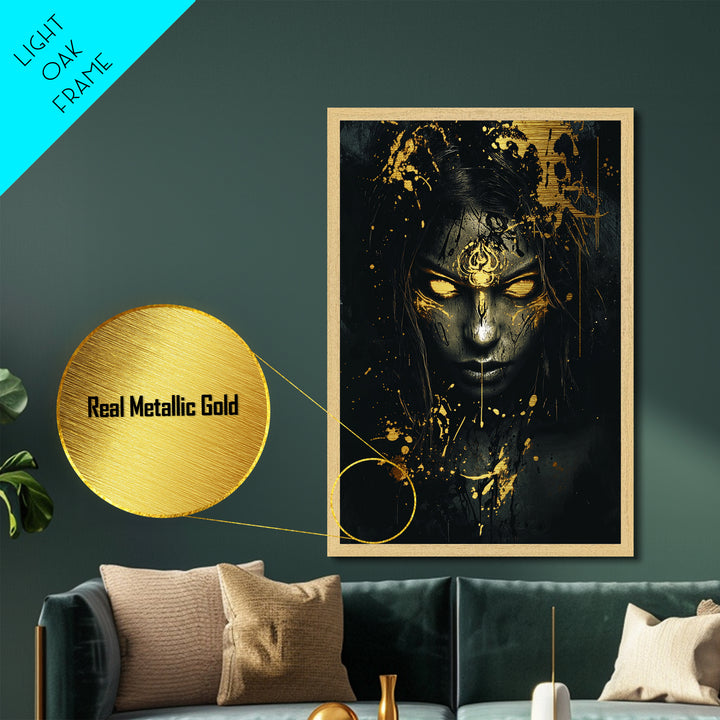Witchy Woman Metallic Gold Art Spooky Season Portrait, Creepy Metal Art With Fiery Eyes, Halloween Wall Art In Real Wood Frame