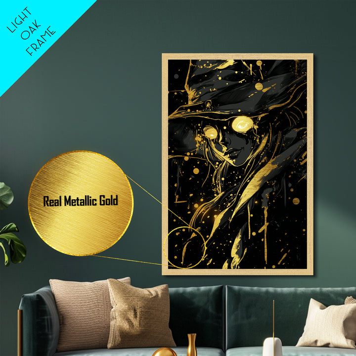 Haunted Sorceress Metallic Gold Art Witch Illustration, Spooky Metal Art For Halloween Gothic Decor, Natural Wood Frame Included
