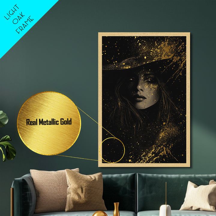 Dark Enchantress Metallic Gold Art Witchy Portrait, Metal Art Halloween Wall Hanging, Spooky Season Magic Framed In Real Wood